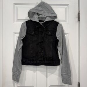 SO Black Denim Hooded Jacket Jersey Sleeves‎ Thumbholes Kids Size XL 14/16